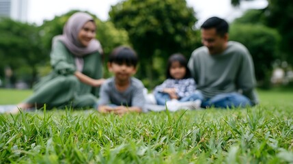 Fototapeta premium A group of people enjoys a joyful picnic gathering on lush green grass capturing a moment of wholesome outdoor family bonding