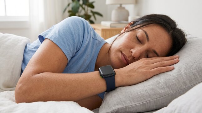 Woman sleeping peacefully in bed wearing a smartwatch to track sleep patterns and health metrics