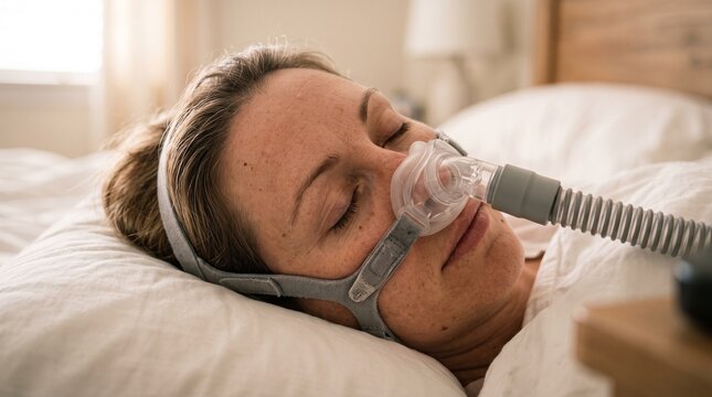 Woman sleeping peacefully with CPAP mask for sleep apnea treatment in a comfortable bedroom setting