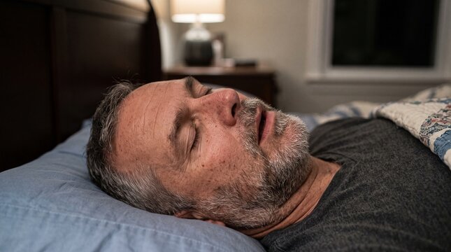 Middle aged man sleeping soundly on a pillow in a bedroom with his mouth slightly open