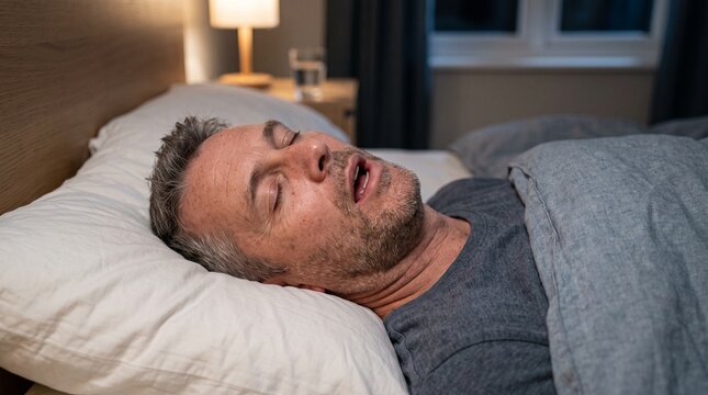 Middle aged man sleeping soundly with mouth open on a pillow in a bedroom at night