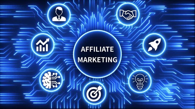 affiliate marketing icon surrounded by smaller icons for ai manufacturing strategy. A glowing neon, and manufacturing process management all connected in a digital circuit like pattern, 4k video 