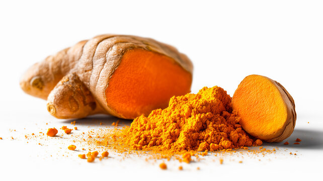 Bright yellow turmeric powder heap with fresh curcuma root slices close up side view. Organic aromatic indian spice isolated on plain white background for cooking