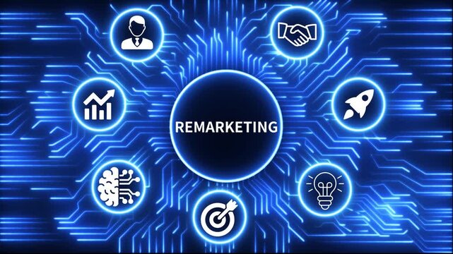 remarketing icon surrounded by smaller icons for ai manufacturing strategy. A glowing neon, and manufacturing process management all connected in a digital circuit like pattern, 4k video 