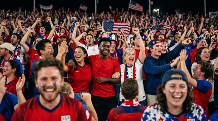 Fototapeta premium Diverse American football fans celebrating with flags in crowded stadium at night