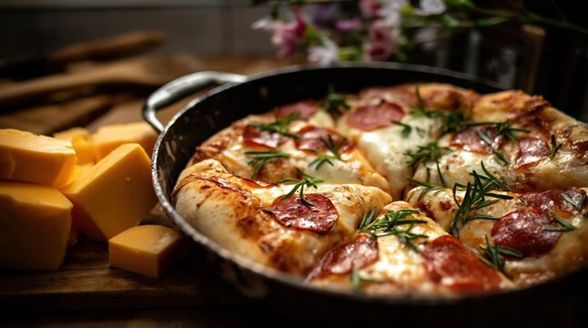 Freshly baked pepperoni pizza in a cast iron skillet. Homemade pan pizza with rosemary and cheese blocks on a wooden board