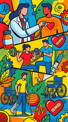 Obraz premium Vibrant cartoon illustration of a cheerful diverse group of people.