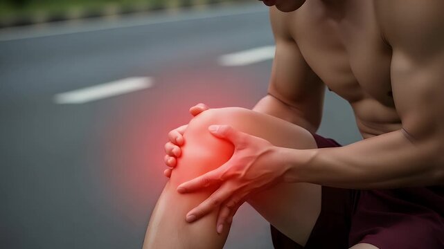 Athletic man experiencing intense knee joint pain while exercising outside on the road demonstrating the location of his injury with a bright red glowing spot