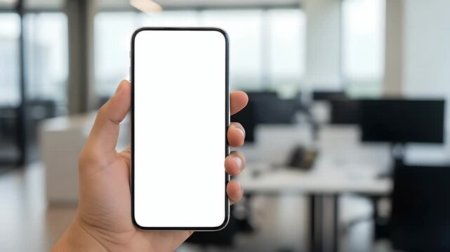 Person holding a modern smartphone with a blank white screen display while standing in a bright professional office environment for mobile application design presentation mockups