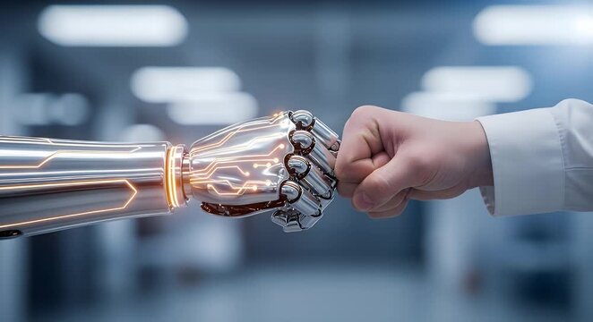 A robotic arm and a human hand performing a fist bump representing the future of advanced technology partnership and seamless collaboration in a modern workplace environment