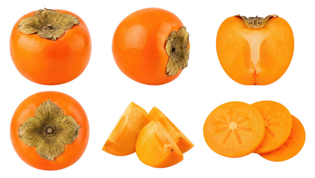 Fresh ripe persimmons shown whole, halved, wedges and slices on a transparent background