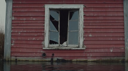 Obraz premium Ultra-photorealistic Close-up of a Broken Window on a Red Building