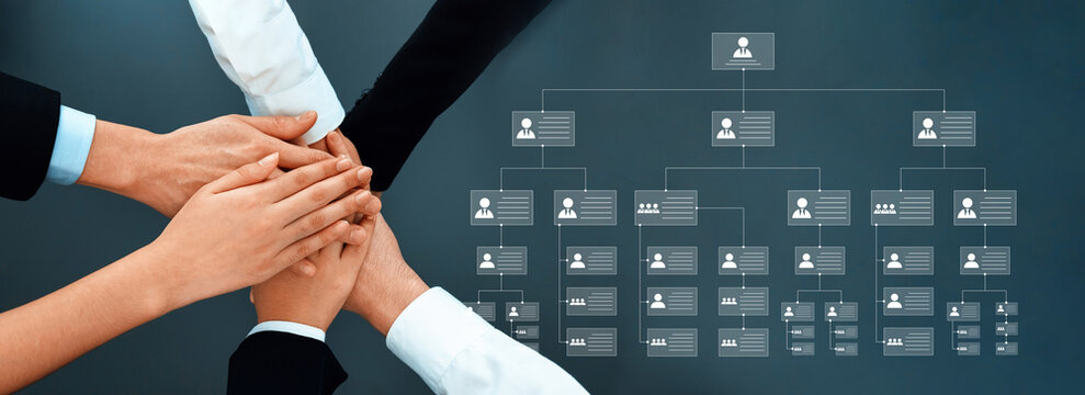 A collaborative business scene showing diverse hands stacking together, symbolizing teamwork and support, with an organizational chart in the background emphasizing structure and roles. Ledger