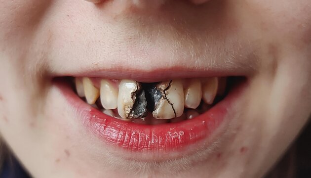 Close up of broken and decayed front teeth. Dental caries and damaged tooth concept