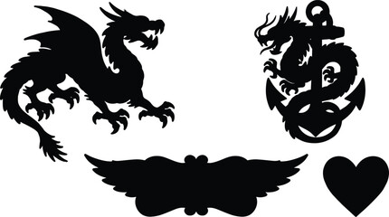 Naklejka premium Dragon Silhouette Set with Anchor Wing Emblem and Heart Shape Elements for Nautical Tattoo Vector Illustration Design
