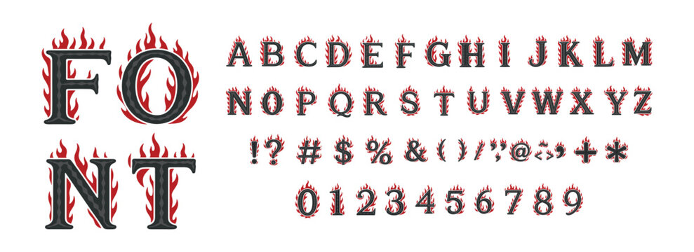 Alphabet font set with blazing fire flame effect on white background for signage.