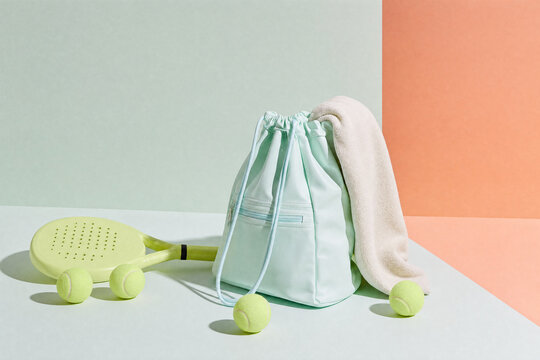 Padel Racket, Balls and Mint Sports Bag on Pastel Background, Product Flatlay