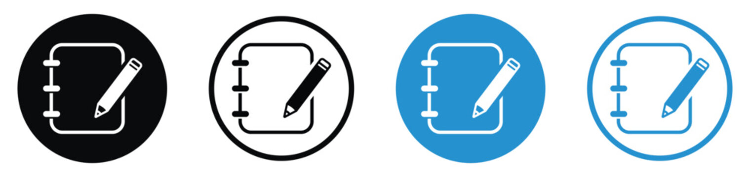 Spiral notepad and pencil icons in flat black and blue styles. Clean minimalist graphics for sketching, tasks, and creative design.