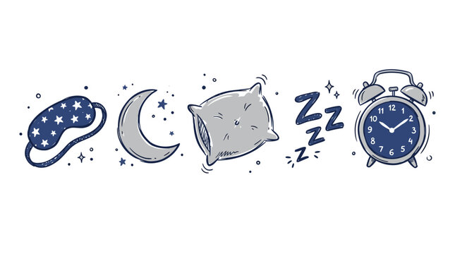 A handdrawn doodle of a sleepy scene with a sleep mask, crescent moon, pillow, zzz, and alarm clock.