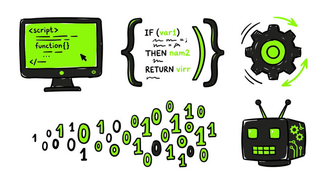 A handdrawn vector doodle of a robot surrounded by code and a computer screen in a sketch style technology setting.