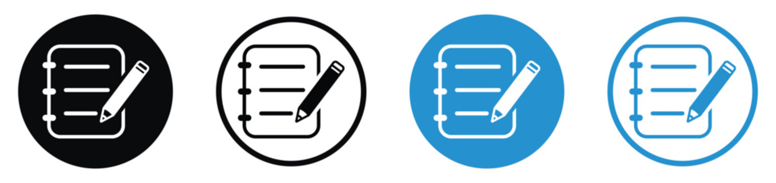 Spiral notepad and pencil icons in flat black and blue styles. Clean minimalist graphics for sketching, tasks, and creative design.