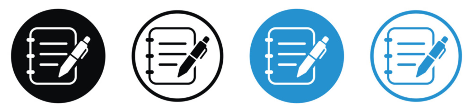 Spiral notepad and pencil icons in flat black and blue styles. Clean minimalist graphics for sketching, tasks, and creative design.