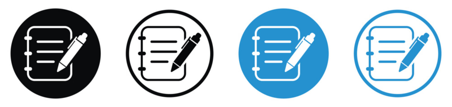 Spiral notepad and pencil icons in flat black and blue styles. Clean minimalist graphics for sketching, tasks, and creative design.