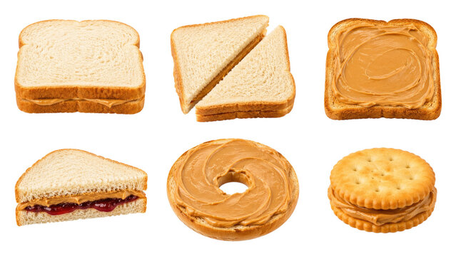 Sliced white bread and assorted peanut butter and jelly sandwiches, toast, bagel and cracker snacks arranged on a transparent background