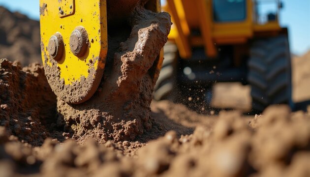 Yellow heavy equipment drill bit cuts through wet brown earth. Machine works dirt site, digging deep into soil. Construction, mining projects use power tool.