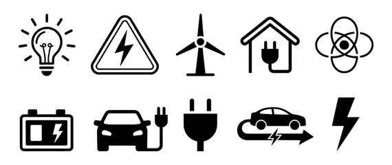 Fototapeta premium Set of renewable energy and electric vehicle icons representing sustainable power and technology