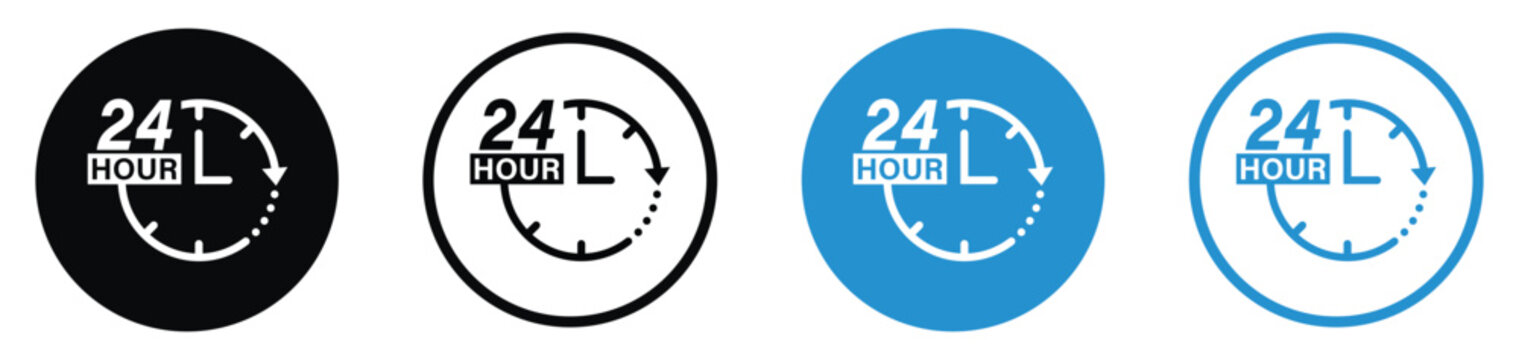 24 hours open customer support service clock icon set. Vector time symbol for non stop available business, everyday delivery, and help.