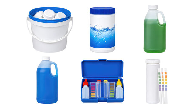 Assorted pool care products and testing supplies including chlorine tablets, chemical tubs, liquid jugs, test kit with vials, and pH test strips