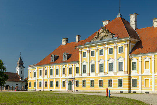 Eltz Manor building facade and church spire in Vukovar, CROATIA