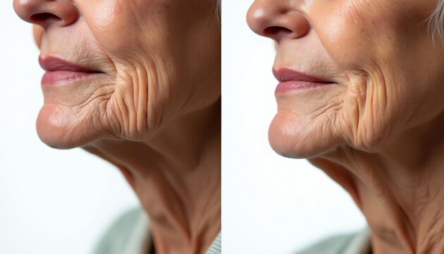 Split image shows elderly woman jaw and neck. Left side before facelift surgery, right side after cosmetic procedure. Skin aging correction comparison is clear.