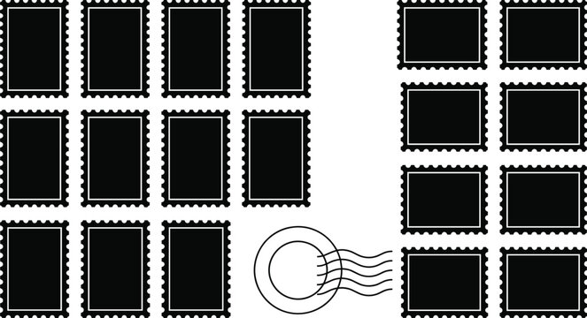 Postage Stamp Silhouette Set with Perforated Edge Frames and Postmark Circle Icon for Mail, Envelope, and Vintage Design