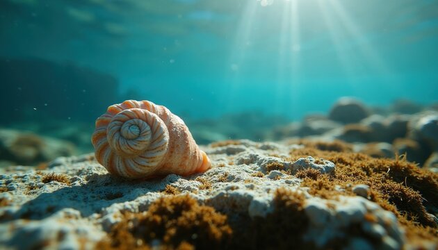 Spiral seashell rests on textured rock with algae in clear blue underwater. Sunlight rays penetrate ocean depths illuminating marine life and seabed detail.