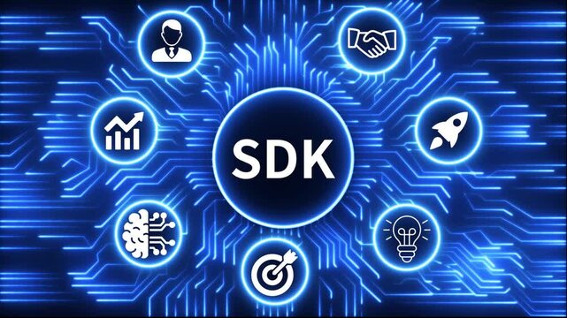 SDK icon surrounded by smaller icons for ai manufacturing strategy. A glowing neon, and manufacturing process management all connected in a digital circuit like pattern, 4k video 