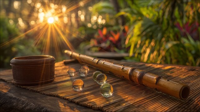 Wooden flute on a mat with golden sunlight