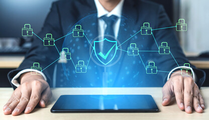 Fototapeta premium Businessman in Suit Overseeing Digital Security Concept with Shield and Lock Icons Representing Data Protection and Privacy in Modern Technology Environment Haptic.