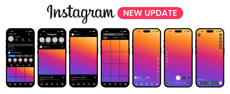 Instagram Dark Mode Mobile App UI UX Interface Template, iPhone Smartphone Screen Mockup, Social Media Feed, Story, Reel, Profile, Logo Icon. Application Layout Vector