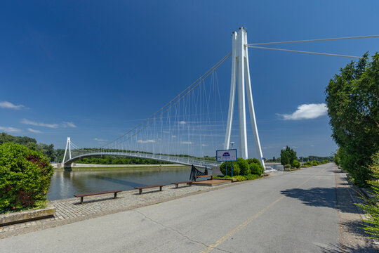Pedestrian suspension bridge spanning Drava river in Osijek, Croatia