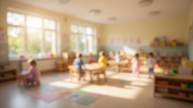 Children learning and playing in blurred kindergarten classroom with warm sun light, focusing on early education and childhood development