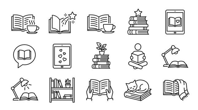 Reading and Book Lover Line Icon Collection with Library, Study and E-Book Thin Outline Vector Icon Set