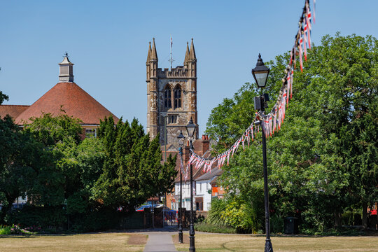 St Andrews Church tower view from Gostrey Meadow, Farnham, UK
