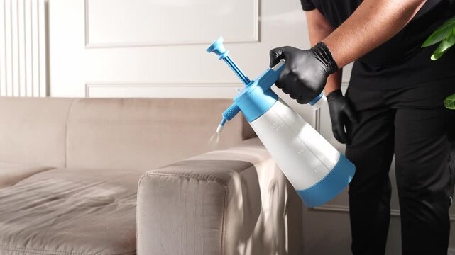 4K fabric sofa dry cleaning liquid solvent chemical application. Worker executing modern upholstery dry wash techniques