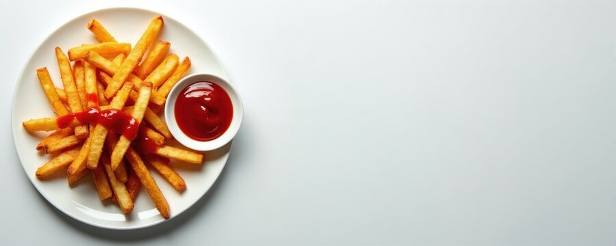 Golden crispy french fries served on white plate with ketchup. Popular fast food potato snack. Unhealthy but tasty meal accompaniment. Simple delicious food.