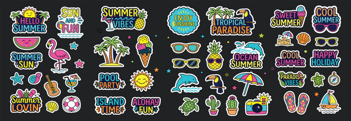 Naklejka premium Large colorful summer vacation sticker bundle. Vibrant tropical beach elements, holiday typography badges, and neon icons on dark background.