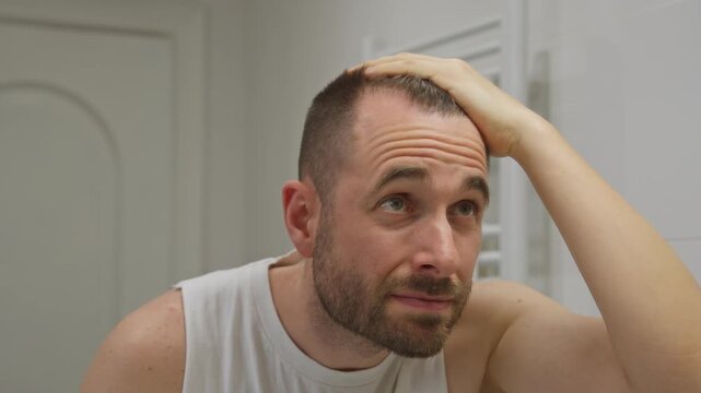 Concerned man checking hair for loss or thinning in the mirror