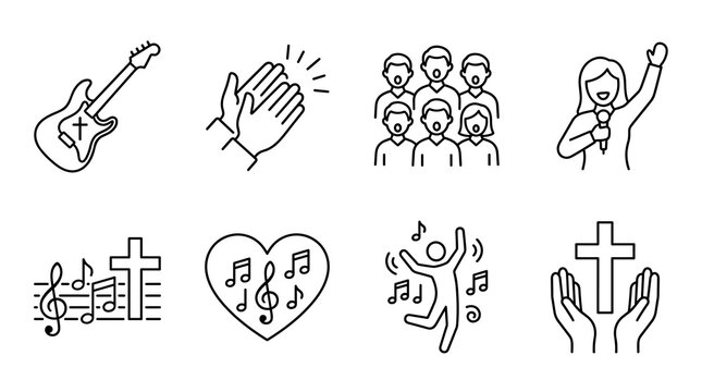 Christian Worship and Gospel Music Line Icon Collection with Choir and Praise Thin Outline Vector Icon Set