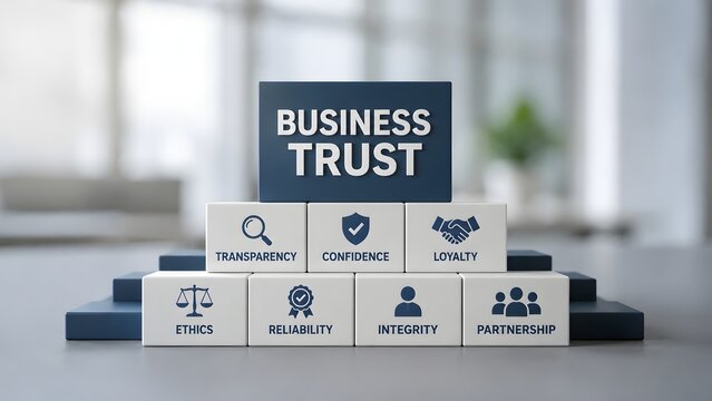 Business trust and corporate ethics concept demonstrated through stacked building blocks featuring core company values like transparency and integrity.